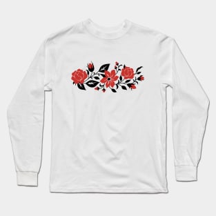 Print with Red Rose and Mallow Inspired by Ukrainian Traditional Embroidery Long Sleeve T-Shirt